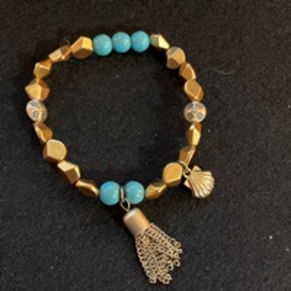 Women's Beaded Bracelet One Size Gold Turquoise with tassel